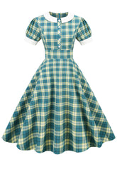 Juwelenausschnitt Green Grid Kleid aus den 1950er Jahren mit kurzen Ärmeln